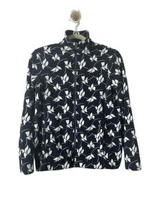 Lands End Fleece Jacket Womens Size Small Navy Floral Zip-Up High Collar Pockets